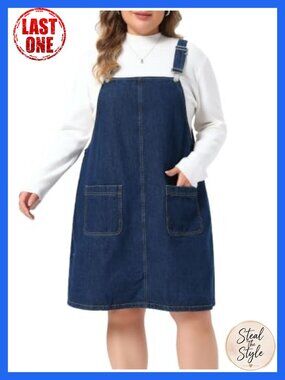Plus Size Denim Overall Dress Loose Fit Midi Pinafore with Pockets